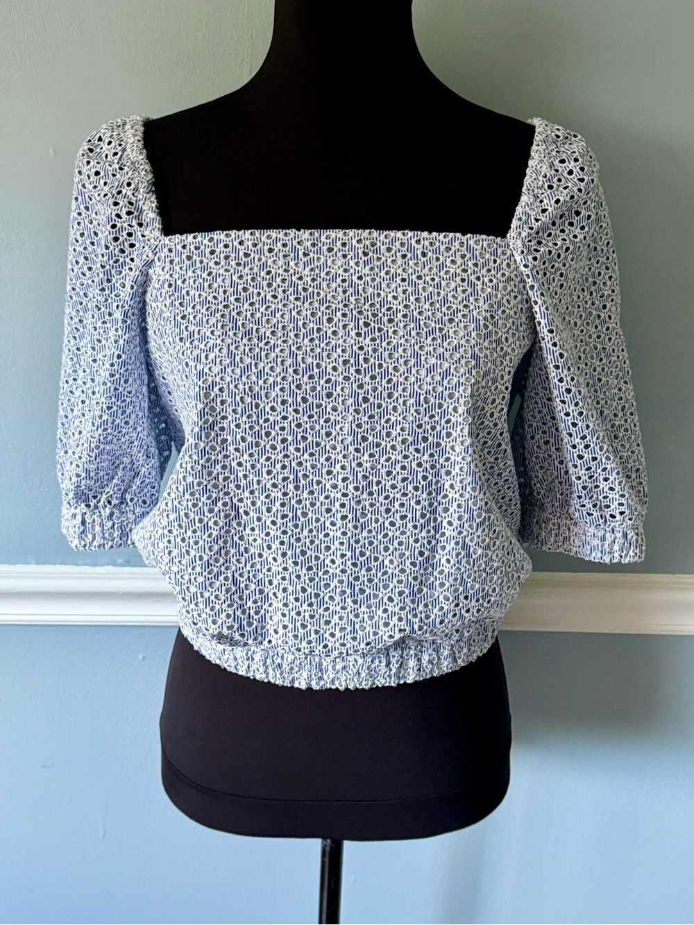Everlane Light Blue Eyelet Square-Neck Puff Sleeve Blouse M